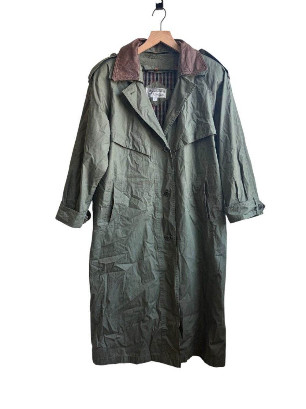 Vintage J Gallery Olive Green Long Trench Coat with Brown Leather Collar Size 12 - Picture 7 of 12